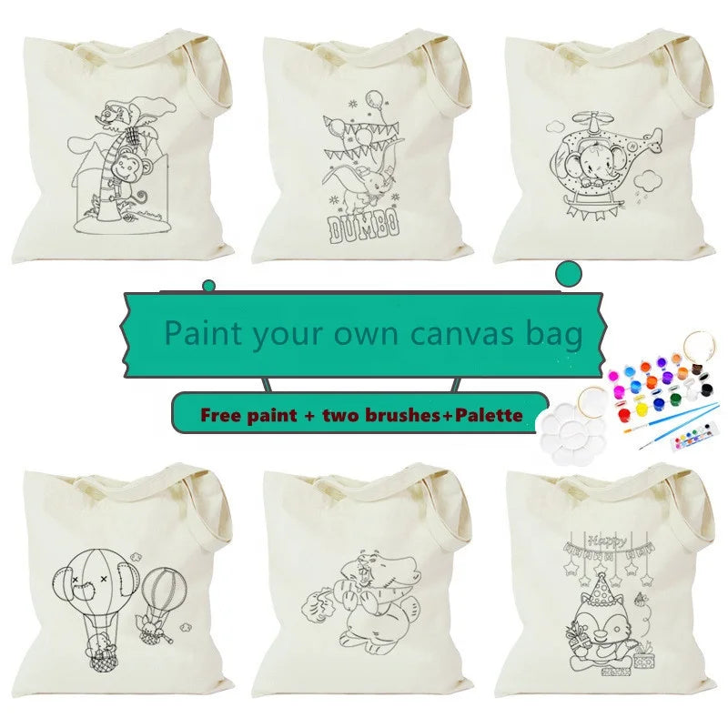 Children's Hand-painted Canvas Cotton DIY  Cartoon with Free Painted Blank Canvas Bag