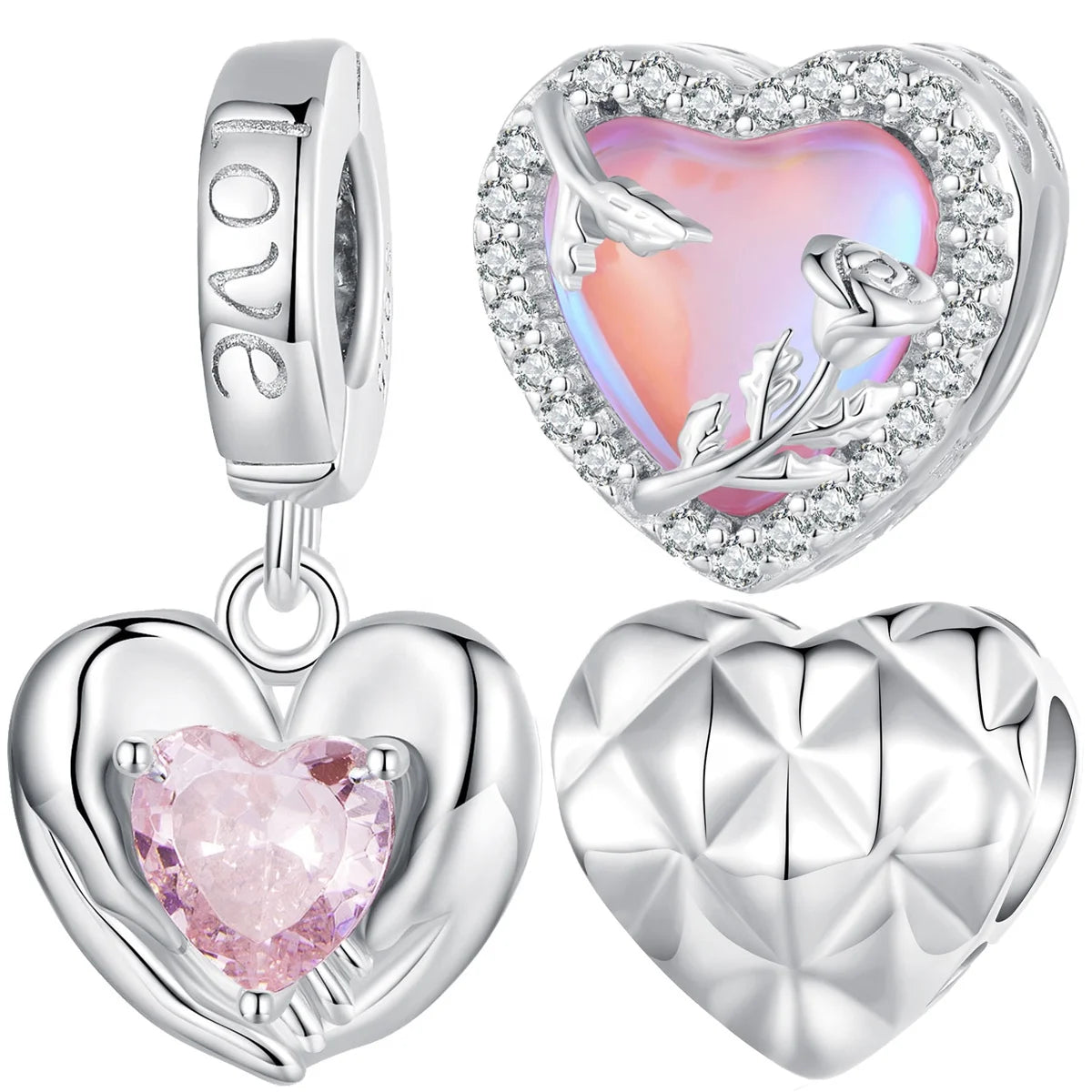 925 Sterling Silver Pink Guardian Heart Hanging Bead Hollow Rose Rivet Love Charms Fit Women Bracelet and Necklace DIY Gift
