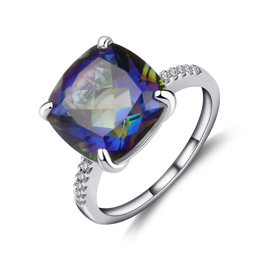 Fast Delivery Luxury Mystic Quartz Blueish Jewelry 925 Sterling Silver Rhodium Plated Ring for Woman