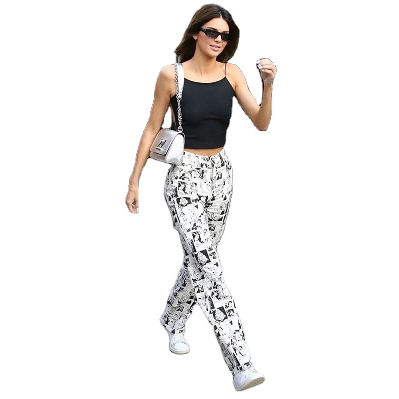 Kendall Jenner Comic Print Full-Length Loose Style Trousers Casual Mid-Waist Pencil Pants Flat for Young Models Wide Leg Design
