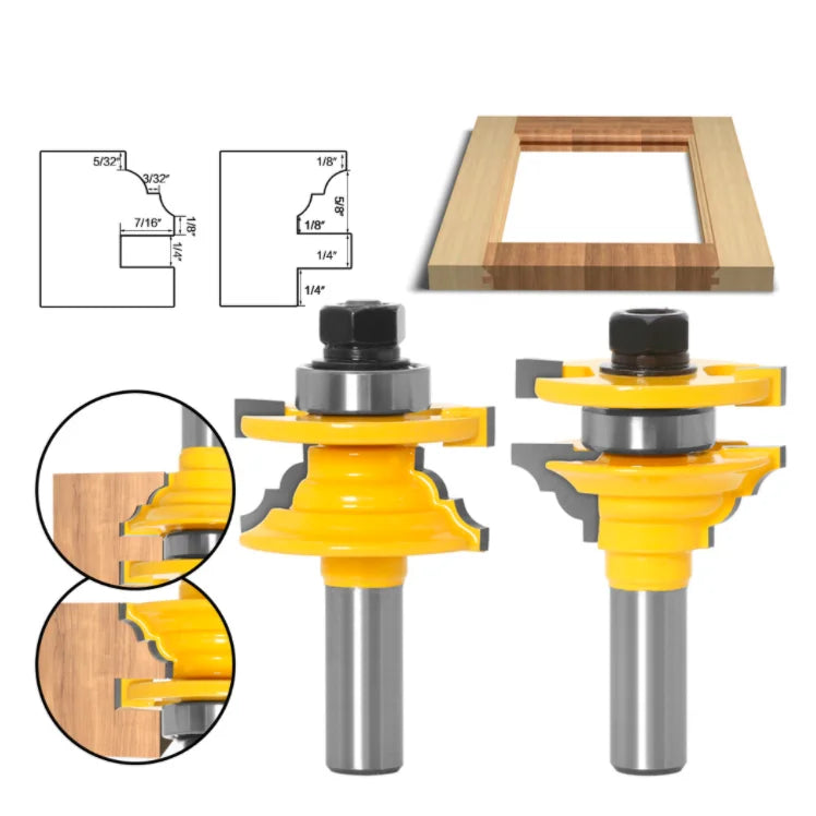 L-N198 2Pc Set 1/2" Shank Rail & Stile Router Bit Frame Tenon Bits Woodworking Cabinet Door Tools Beveling Knife MegaBDM