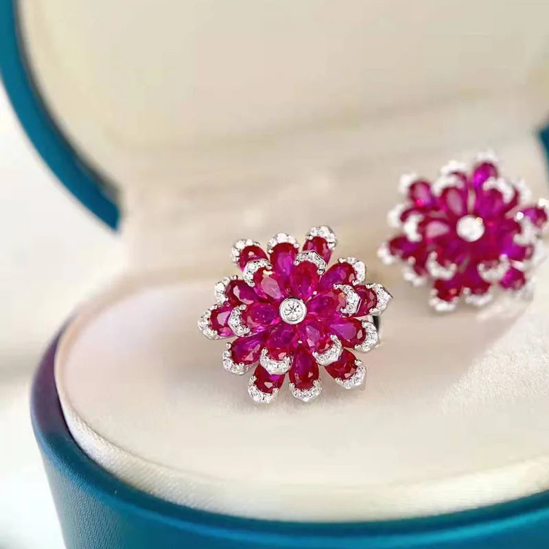 Aimgal Fine Jewelry 925 Silver and 18k Gold Plated Camellia Laboratory Diamond Earrings Leb Red Corundum