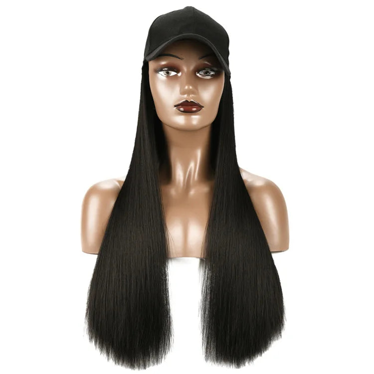 Long Straight Hat Wig 24 Inch Black Brown Hair  Ball Caps Casual Hat with Wig for Women Girls Baseball Cap with Wig