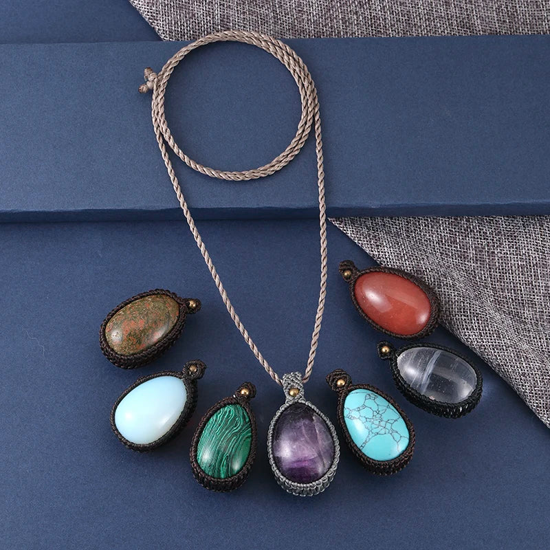 Vintage  Gemstone Wax Rope Braided Pendant Necklace Hand-Woven Macrame Pendant Oval Wax Cord  Agate Amethyst Quartz Jewelry