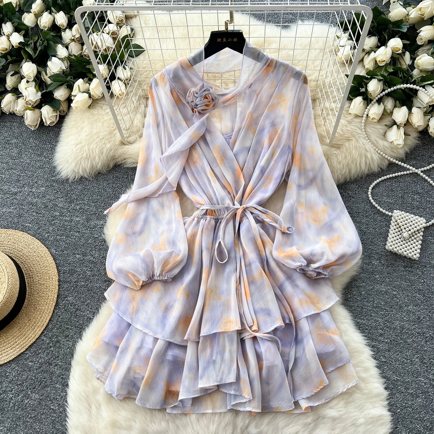 Summer Cubic Floral Lantern Sleeve V-Neck Ruffle Vacation Floral Dresses