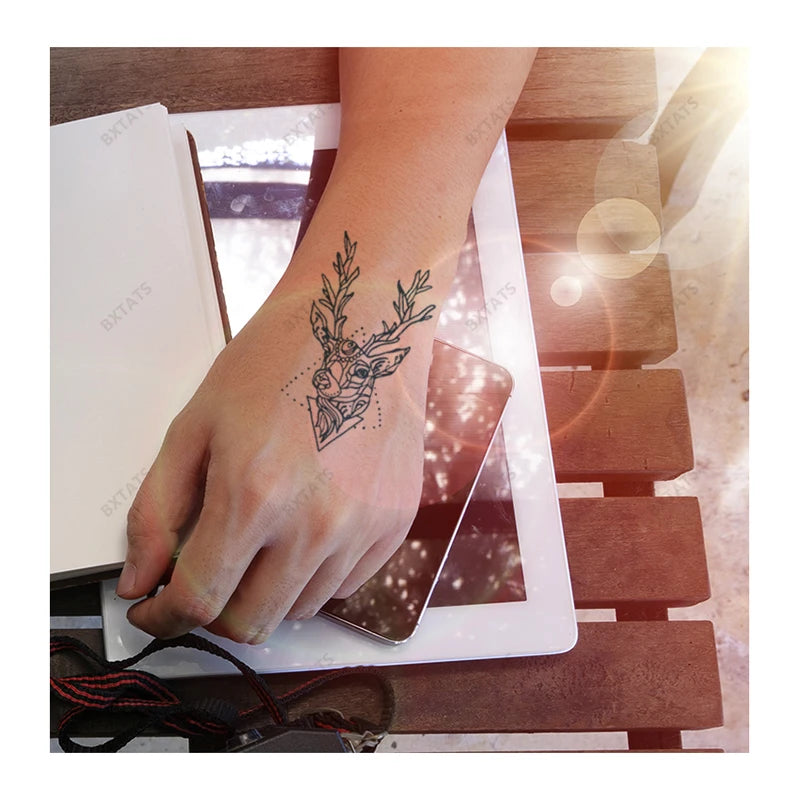 BXTAT GZ145to150 Temporary Blue Genipa Juice Tattoos Semi-permanent Deer Bouquet Flowers Compass Smile Emotion Heart Sketches