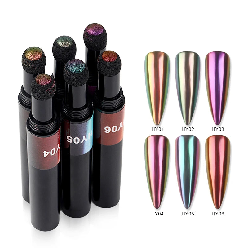 BIN Wholesale New Nail Art Custom Logo Metallic Color Mirror Glitter Acrylic Powder Air Cushion Magic Mirror Cushion Powder Pen