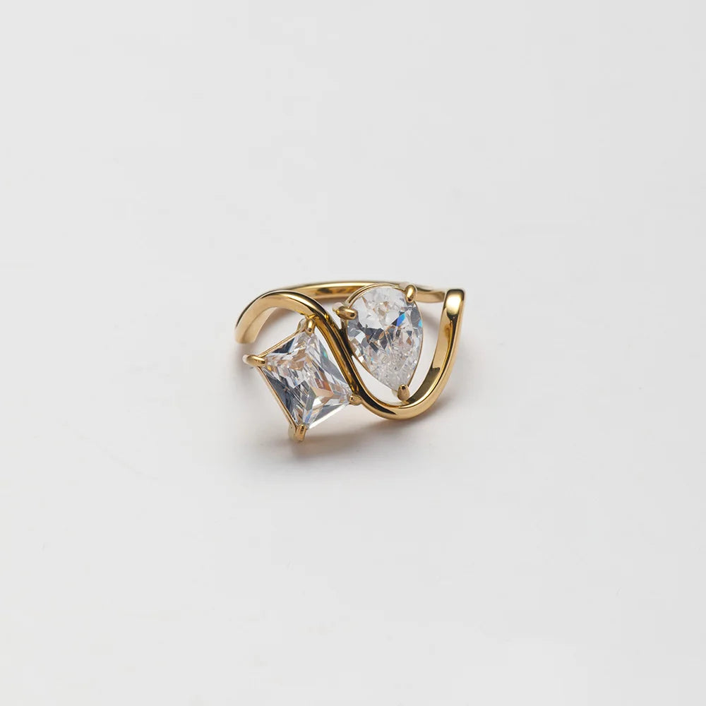 YF3847 Unique Design Stainless Steel Waterproof Jewelry 18k Gold Plated Water Drop Square Zircon Splicing Women Ring