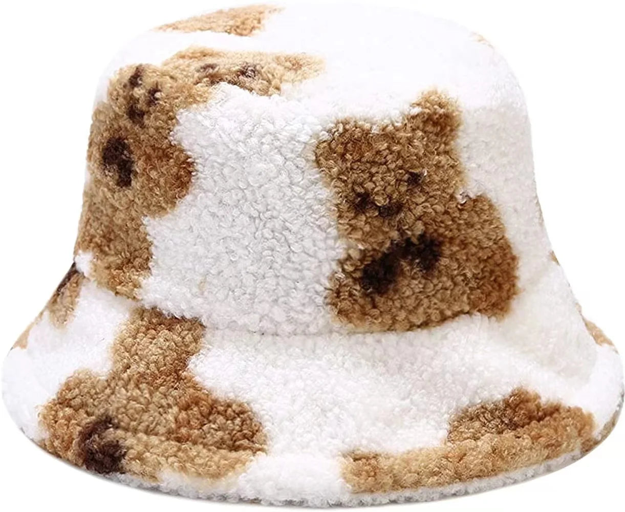 Autumn Winter Cute Bear Design Furry Fisherman Bucket Hat High Quality Thick Warm Lace Mesh Fashion Outdoor Cycling Casual