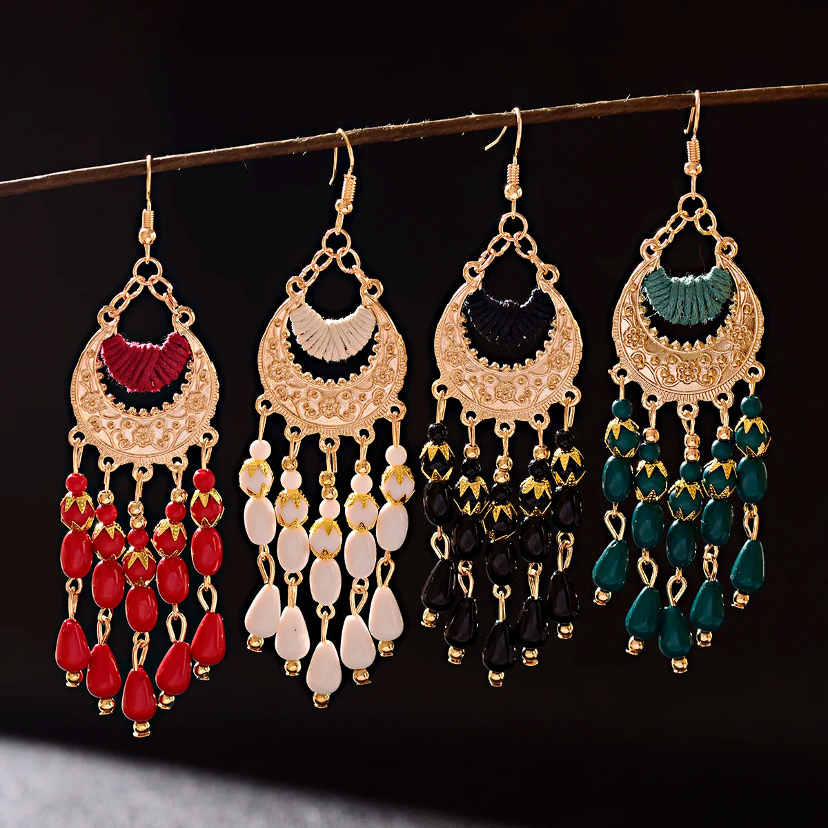 Vintage Ethnic Bohemian White Beads Jhumka Earrings Geometric Metal Tassel Indian Earrings Tibetan Jewelry