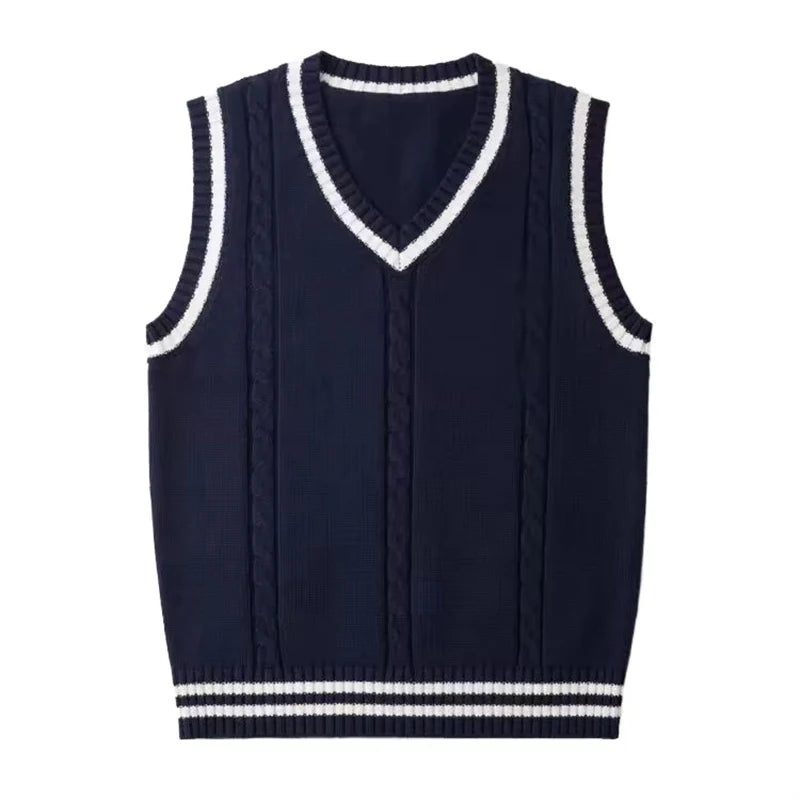 OEM & ODM Customizable Lightweight Cable Knit Vest for Men Black & White Block V-Neck Sleeveless Sweater with Vintage Decoration