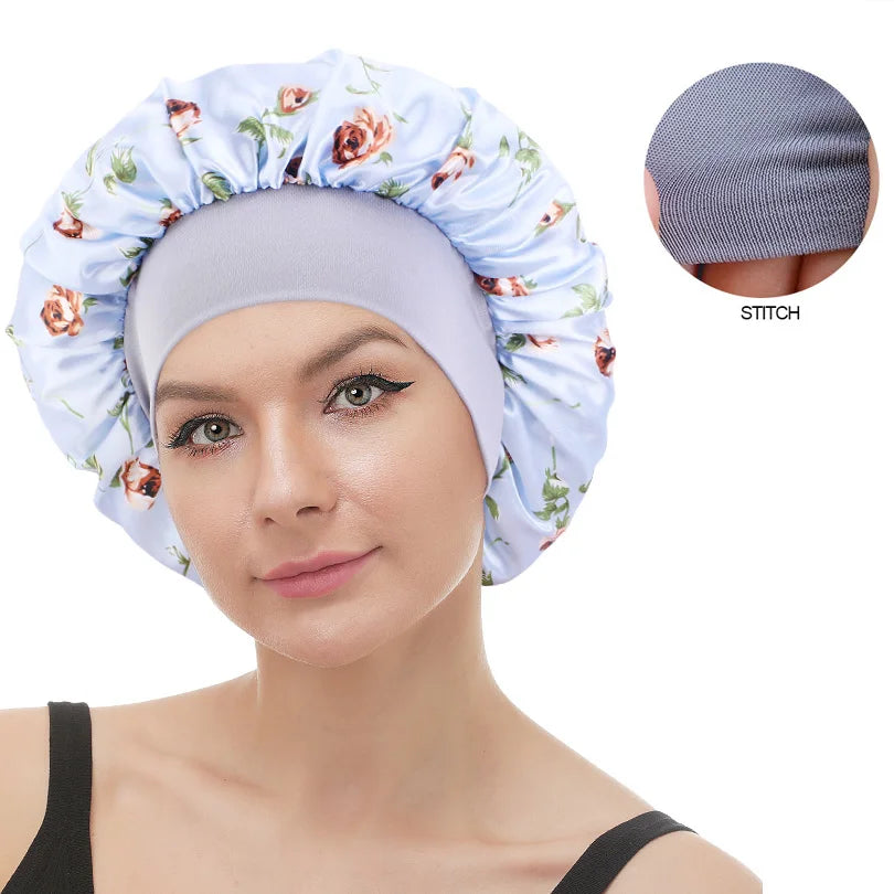 Fashion Rose Flower Print Wide Band Satin Bonnets Sleeping Cap Design Bonnet for Girlfriend Gifts