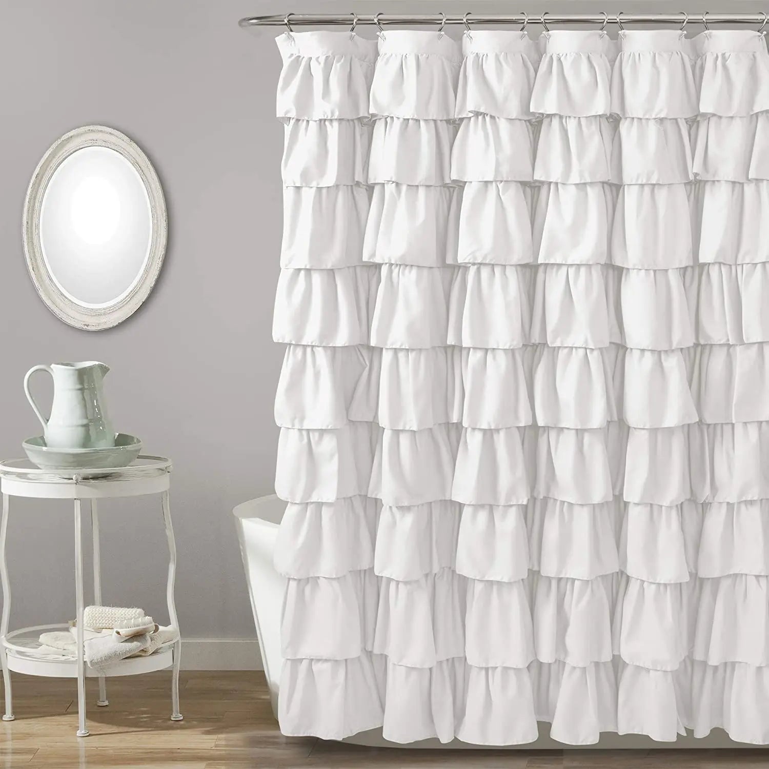 Modern Farmhouse Style Solid Color Waterproof Bath Curtain White Ruffle Shower Curtain for Bathroom