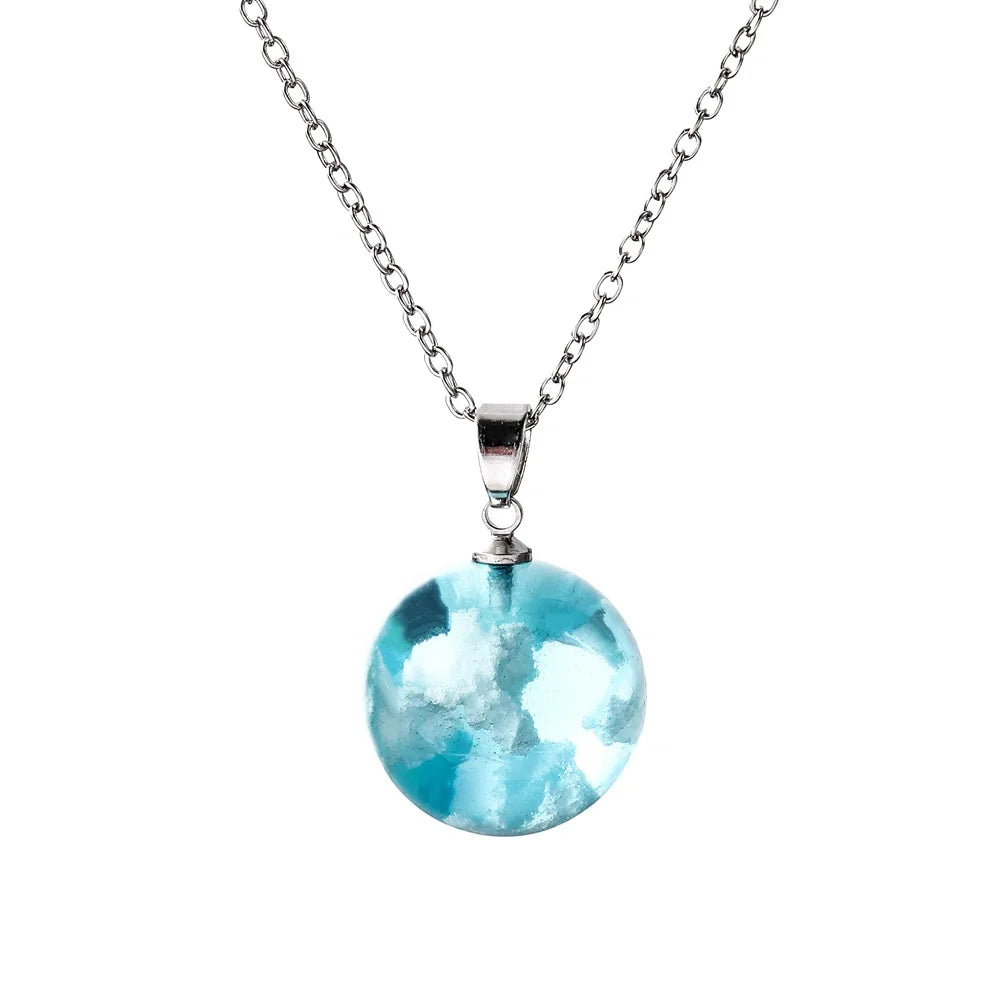 Blue Sky White Clouds Round Ball Pendent  Stainless Steel Necklace for Women Female Transparent Spherical Pendant Necklaces