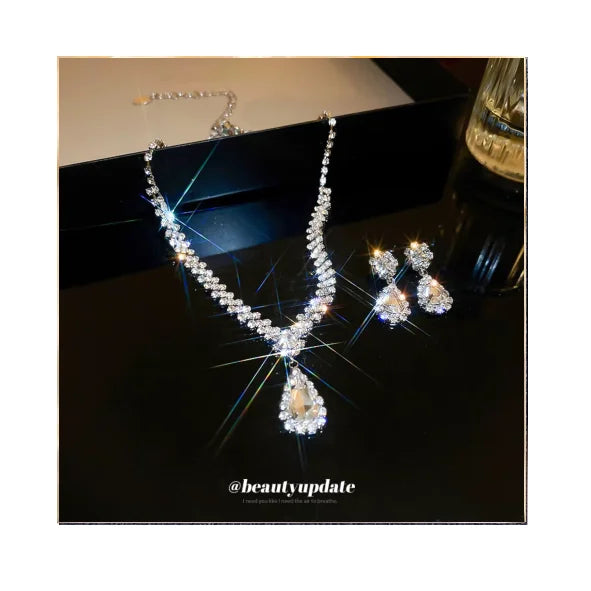 Minimalist Flower Drop Necklace Earrings Crystal Rhinestone Jewelry Set  Luxury Sparkling Water Drop Rhinestone Necklace Earring