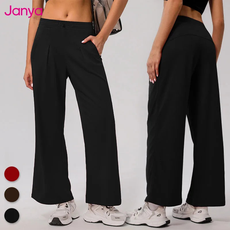 Janya New Arrival Female Casual Slim Sports Wear High Waist Drawstring Straight-Leg Dancing Pants Pockets Loose Yoga Leggings