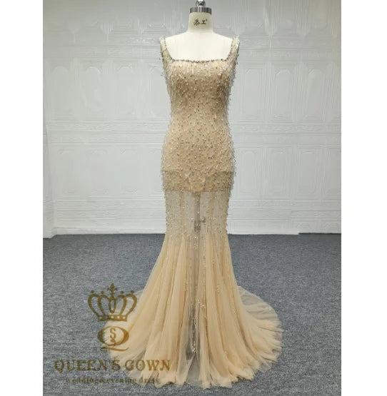 QUEENS GOWN Latest Luxury champagne Pearls Crystals Mermaid Stage Costume Dress square Collar Fringe Fashion Jumpsuit Dress