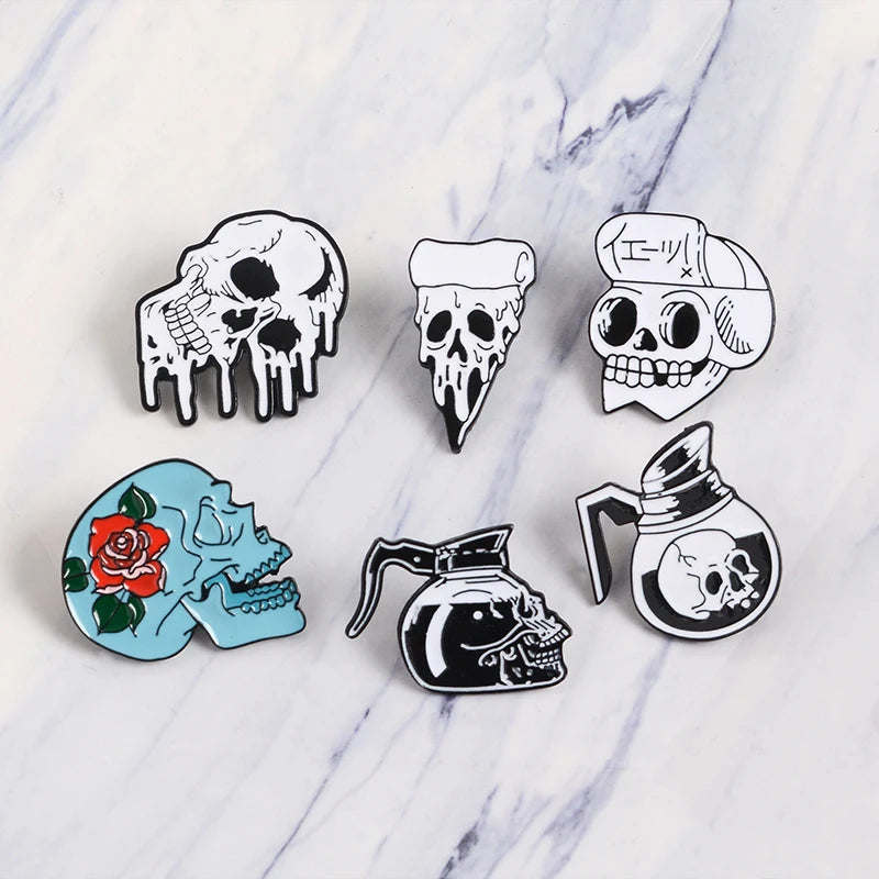 45 Styles Gothic Skeleton Enamel Pin Custom Rose Coffee Pot Pizza Badge Brooch Lapel Pin Denim Jeans Shirt Bag Cool Jewelry Gift