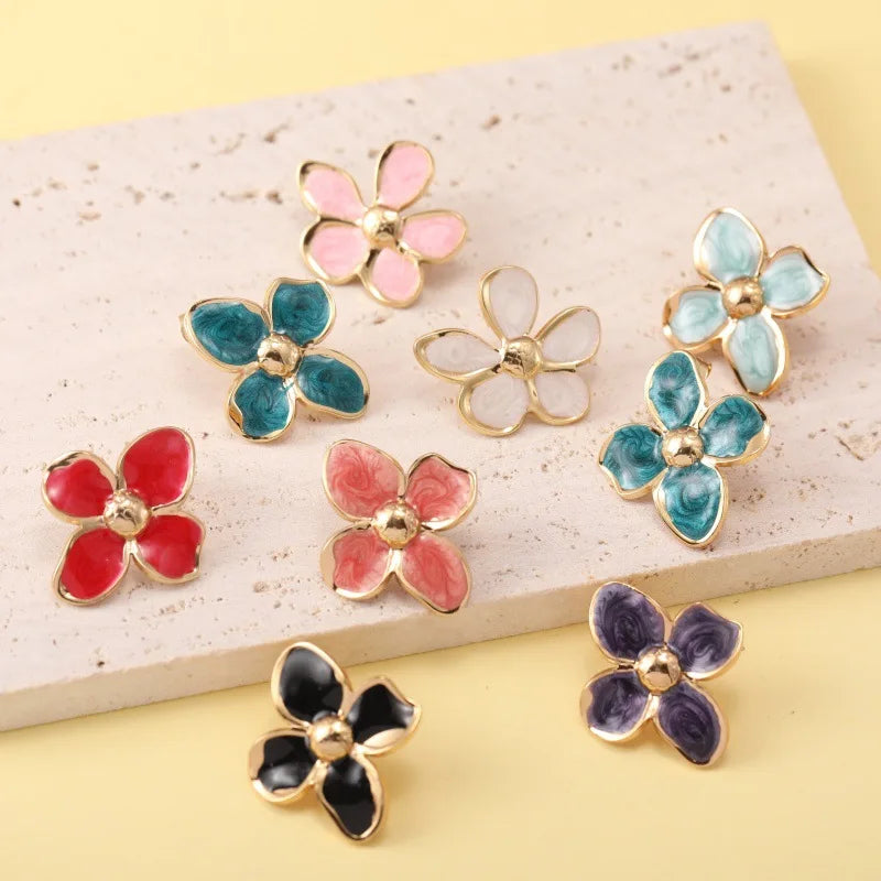 Hot Selling Trendy Four Petal Flower Glazed Stainless Steel Earrings High-End Exquisite Colored Niche Earrings