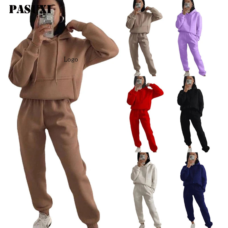 PASUXI Custom Two Piece Women Sports Wear Set Long Sleeve Pocket Streetwear Hoodie Sports Pants Women Tracksuit Set