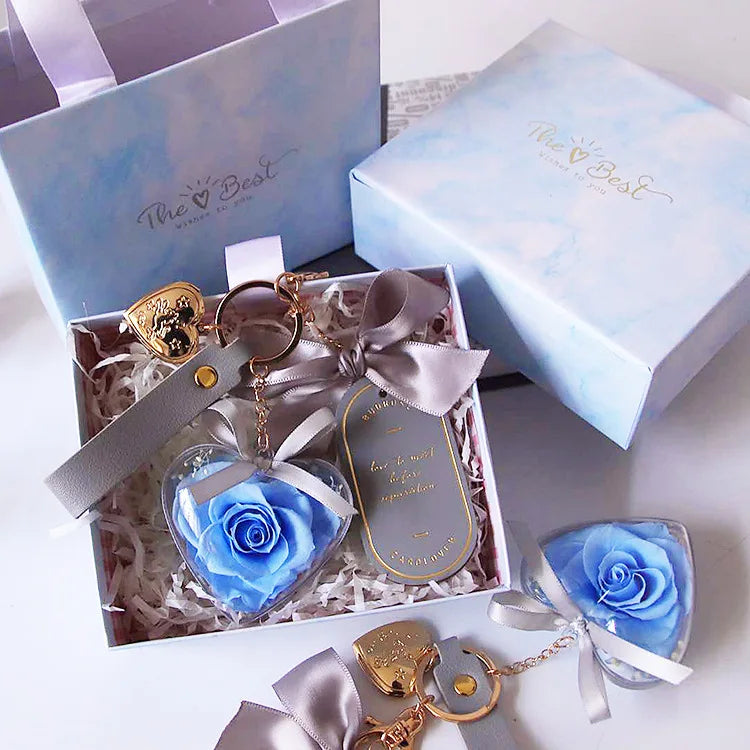 Luxury Handmade Custom Rose Flower Real Preserved Roses Eternal Dried Flower Keychain with Gift Box for Women Gifts