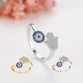 Fine Jewelry 925 Sterling Silver Devil Eye Ring Zircon Blue Hamsa Evil Eye Adjustable Finger 925 Silver Ring for Women