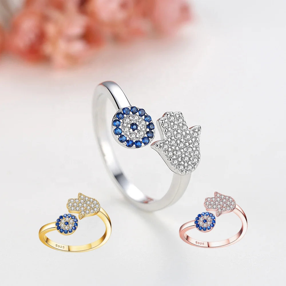 Fine Jewelry 925 Sterling Silver Devil Eye Ring Zircon Blue Hamsa Evil Eye Adjustable Finger 925 Silver Ring for Women