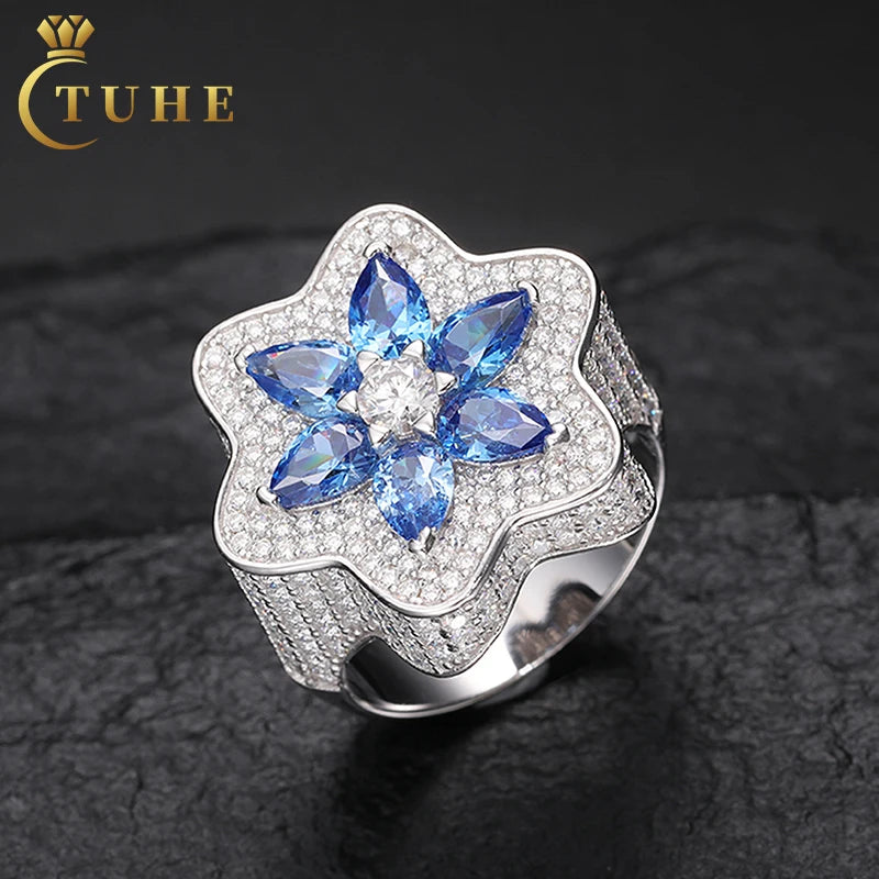 Wholesale Jewelry Wedding Gift 925 Sterling Silver VVS Moissanite Diamond Deep Blue CZ Iced Out Six-pointed Star Ring