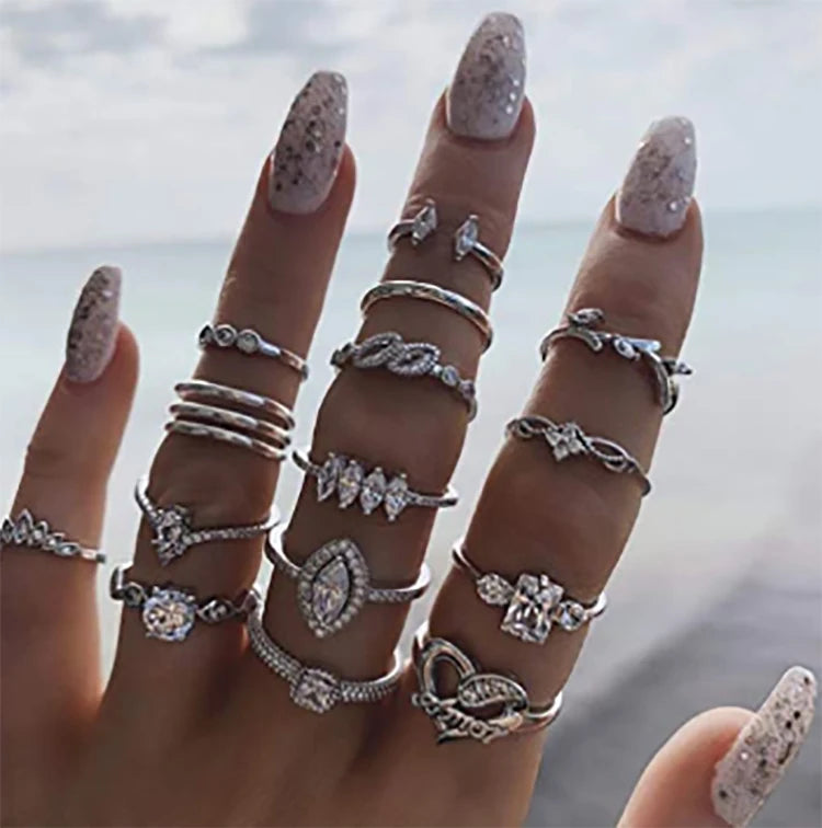 Simsly Vintage Silver Stackable Ring Set Joint Nail Crystal Knuckle Rings for Girls