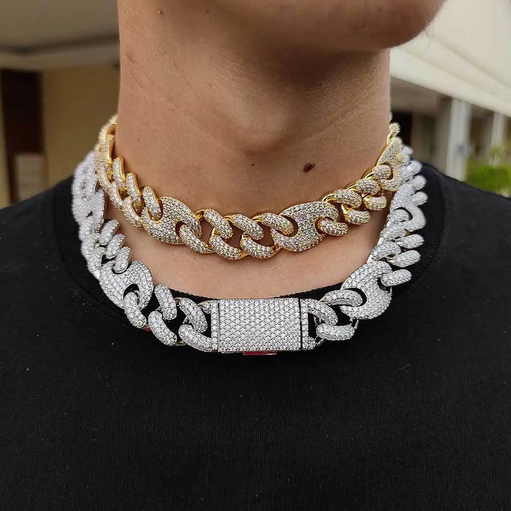Full Shiny Rows Zircon Brass Iced Cuban Chain Miami Cuban Link Necklace Jewelry