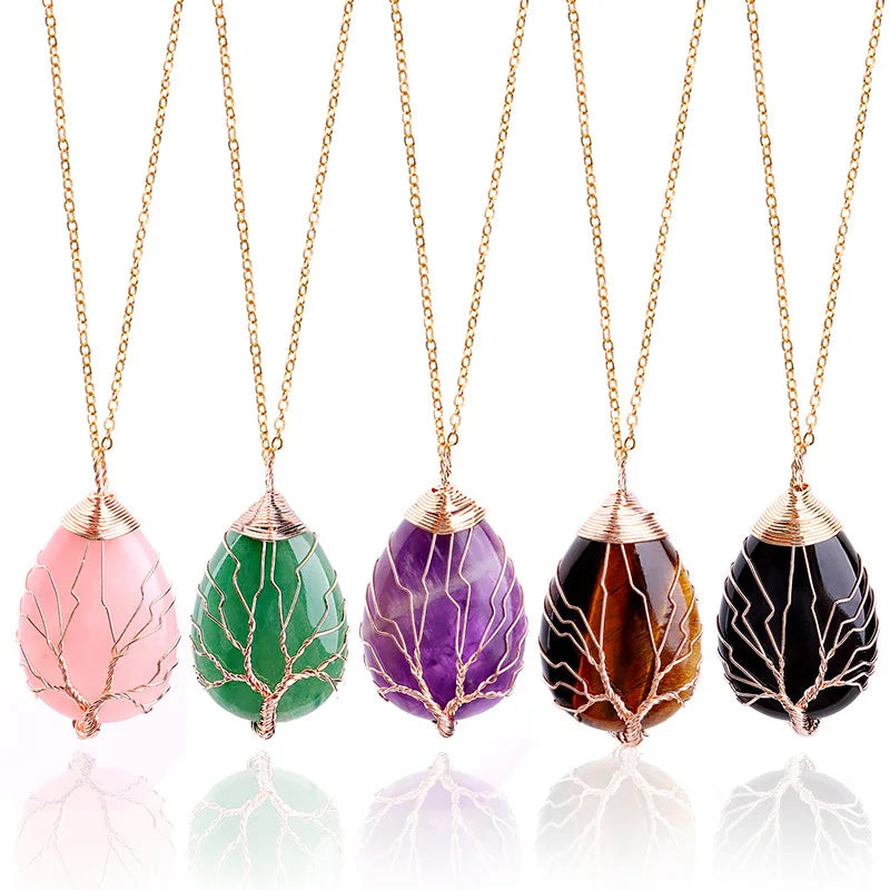 Wholesale Natural Stone Crystal Pendant Necklace Wire Wrapping Tree of Life Quartz Gemstone Necklace Pendant Jewelry