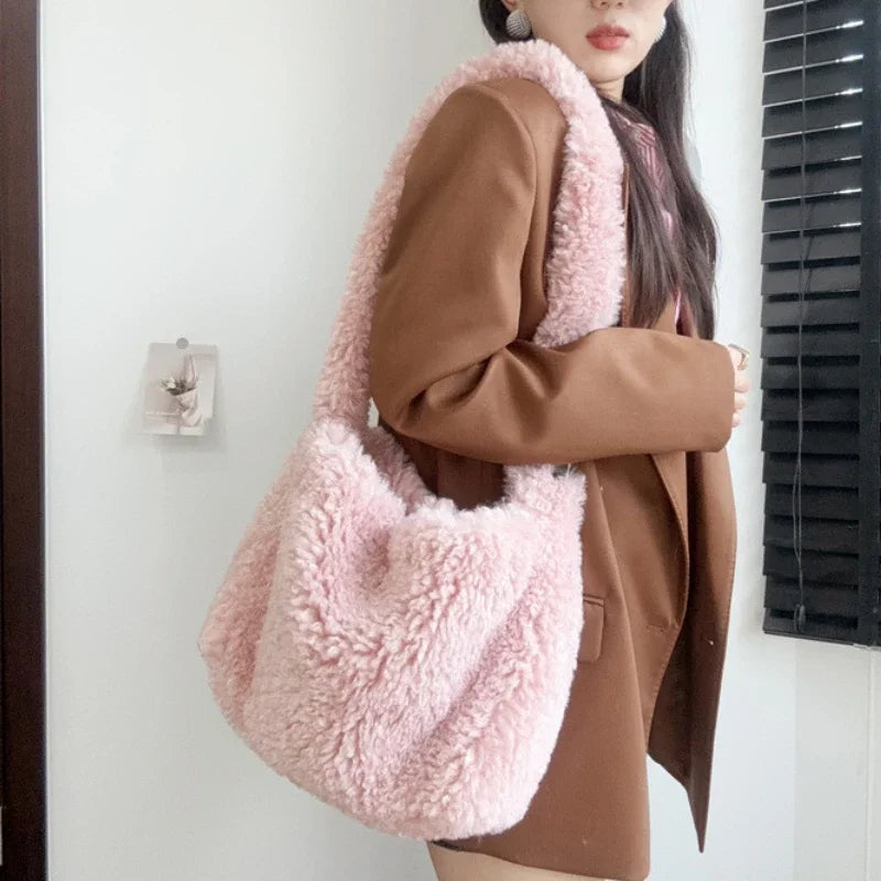 Fashion Winter Women's Soft Plush Shoulder Bags Faux Lamb Wool Ladies Crossbody Bag Large Capacity Female Furry Tote Handbags