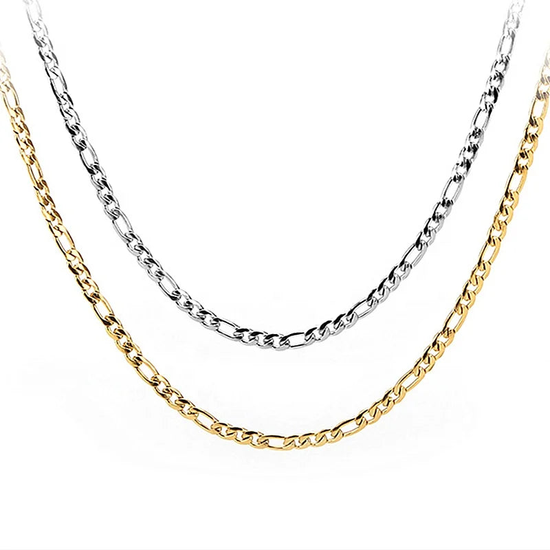 Wholesale Custom 3mm 4mm Women Jewelry Silver Color 14K 18K Gold Plated Stainless Steel FIgaro Link Chain Necklace