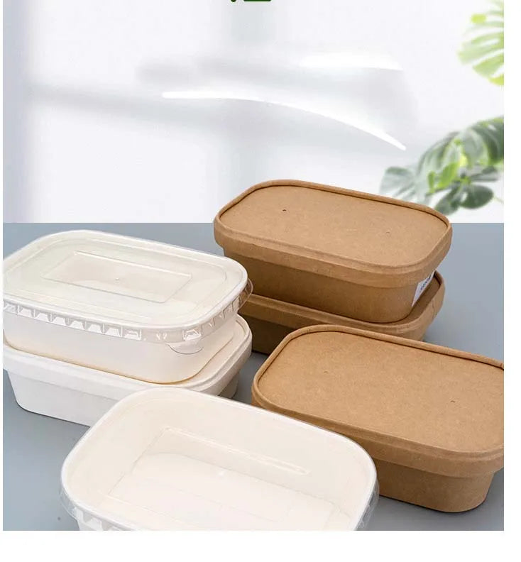Disposable Kraft Paper Rectangular Paper Bowl for Fast Food Salad Fried Rice Takeaway Packing Paper Boxes