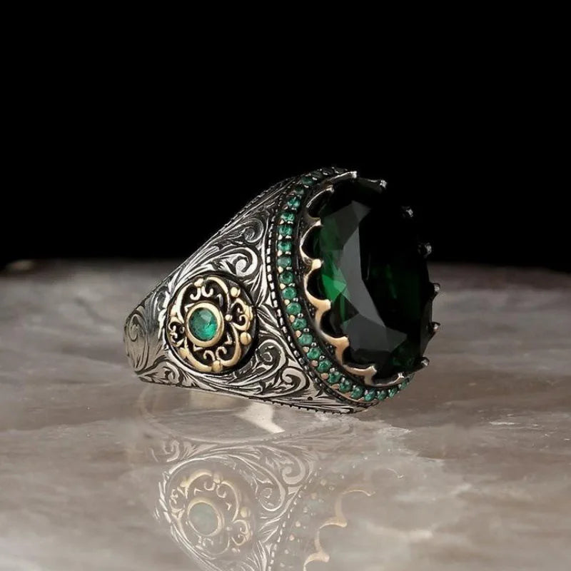 SC Retro Emerald Gemstone Ring Engraved Turkish Silver Jewelry Ring Green Blue Gemstone Zircon Rings for Women Girls