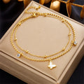 Beach Jewelry Non Tarnish 18k Pvd Gold Plated Double Layer Stainless Steel Butterfly Anklets for Women
