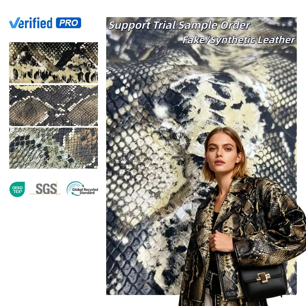 Stock PU Stretched Leather Fabric Embossed Snake Pattern Skin Leather for Garments Dresses Skirts-Elastic Finished Pattern