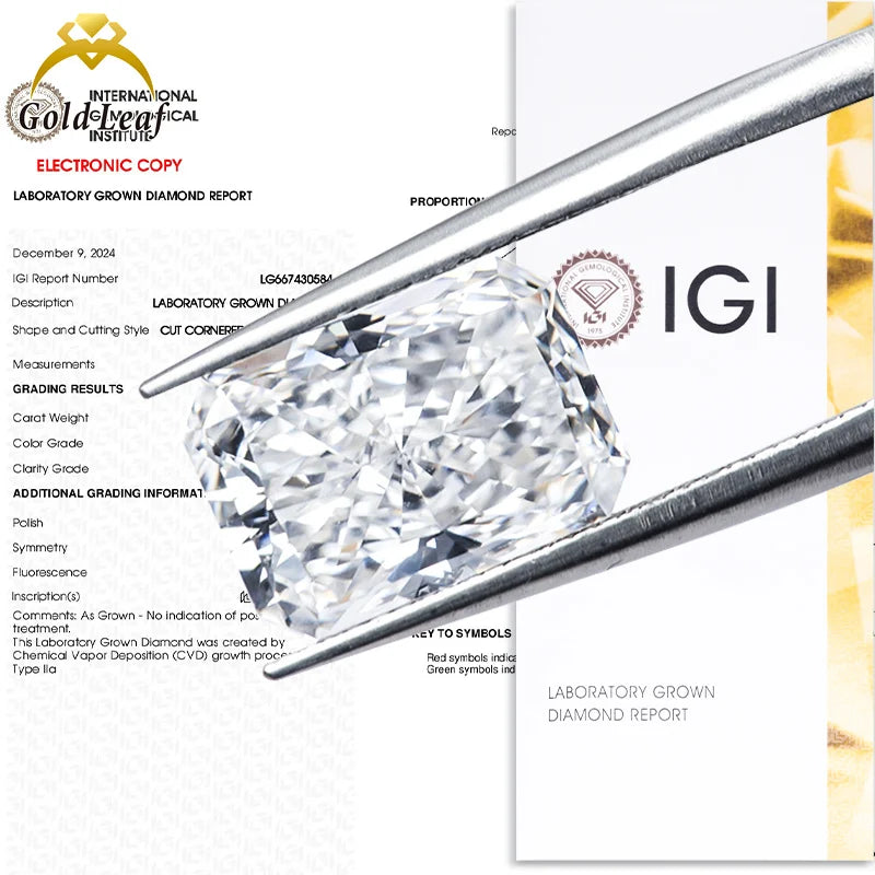 IGI Certified Radiant Cut Lab Grown Diamond Color D 3CT-6CT DEF/VVS/VS CVD for Ring Making Goldleaf Jewelry Model 2025 05 28