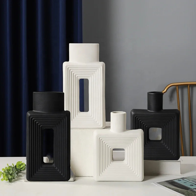 Modern Farmhouse Decor Minimalist Nordic Black White Porcelain Vases Boho Style Home Decor Square Ceramic Vase