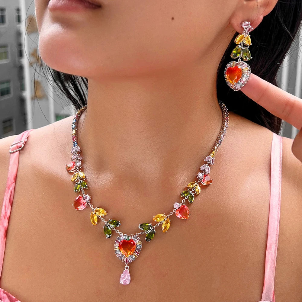 Luxury Multicolor Cubic Zirconia Big Heart Drop Earrings and Necklace Women Bridal Wedding Party Jewelry Set