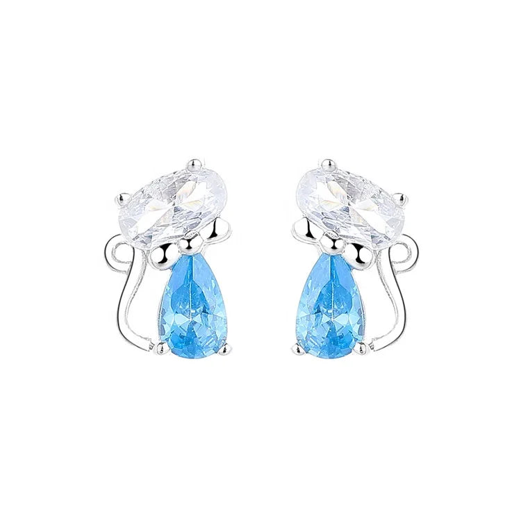 Yaeno Jewelry Cute Kitty with Bow Tie Earrings Piercing Jewelry in Pure Silver 925