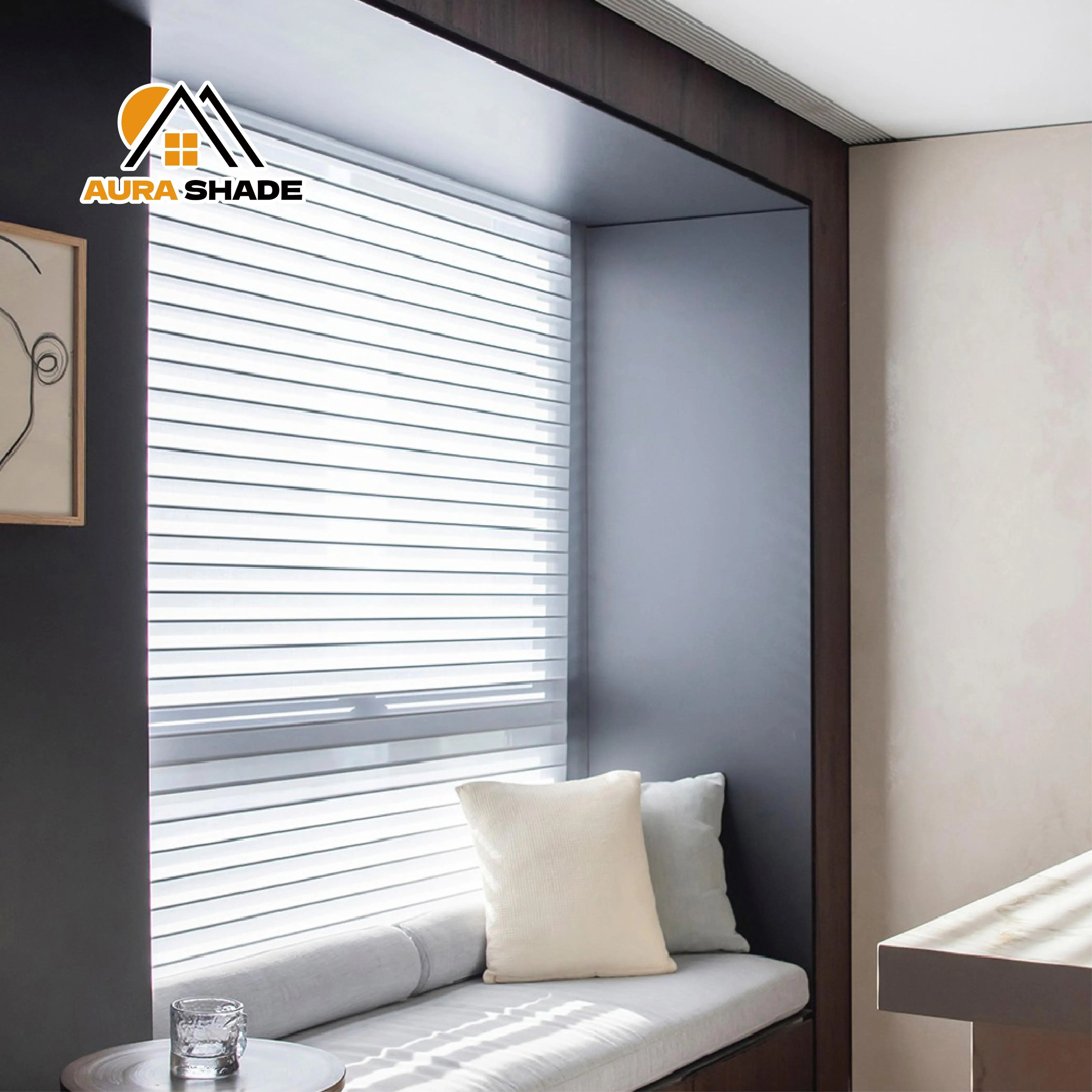 Shangri-La Office Modern Horizontal Window Blinds Manual Blackout Curtains with Fabric Roller Shades Rope Format for Hotels