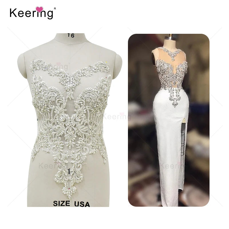 WDP-295 Shiny Bling Glass Beads Evening Dress White Rhinestone Bodice Applique on Bridal