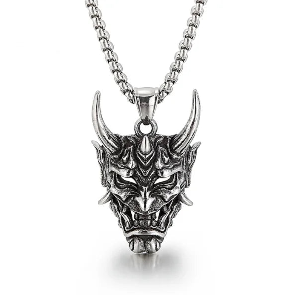 Stainless Steel Red Prajna Pendant Grimace and Fangs Necklace Punk Style Men's Jewelry