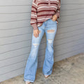 New Arrival Four Season High Stretchy Women Ripped Flared Pants Denim Jean High Waist Elegant Botton Lady Long Denim Pant