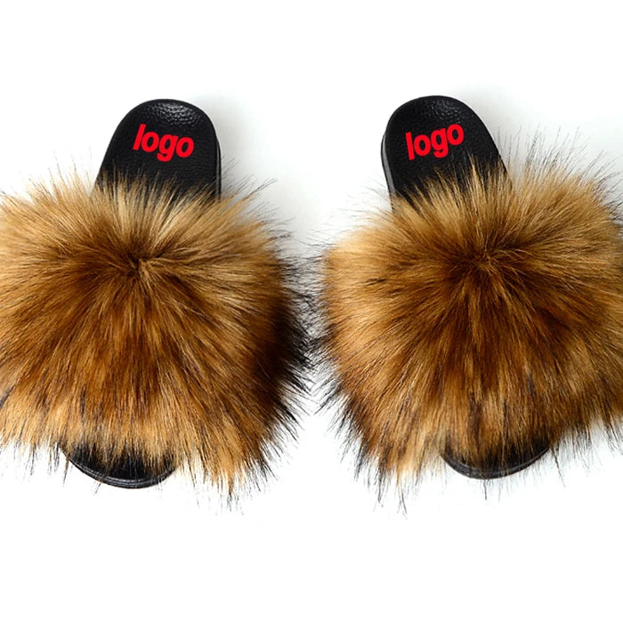 Fashion Fox Custom Logo Furry Fur Ball Kids Faux Fur Slippers for Women