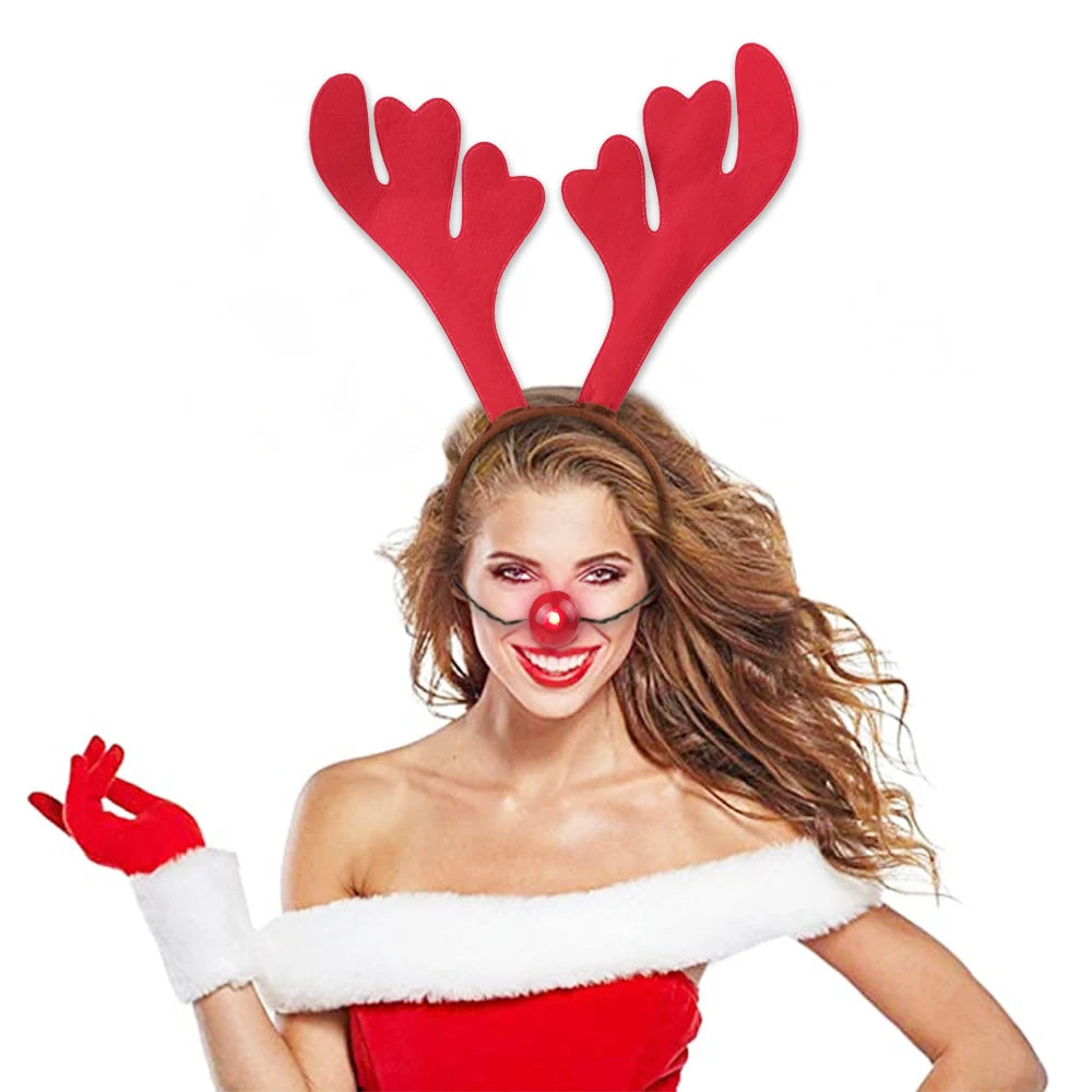 Christmas Reindeer Antler Headband with LED Light Flashing Red Reindeer Nose for Party Concerts Popular Decorations