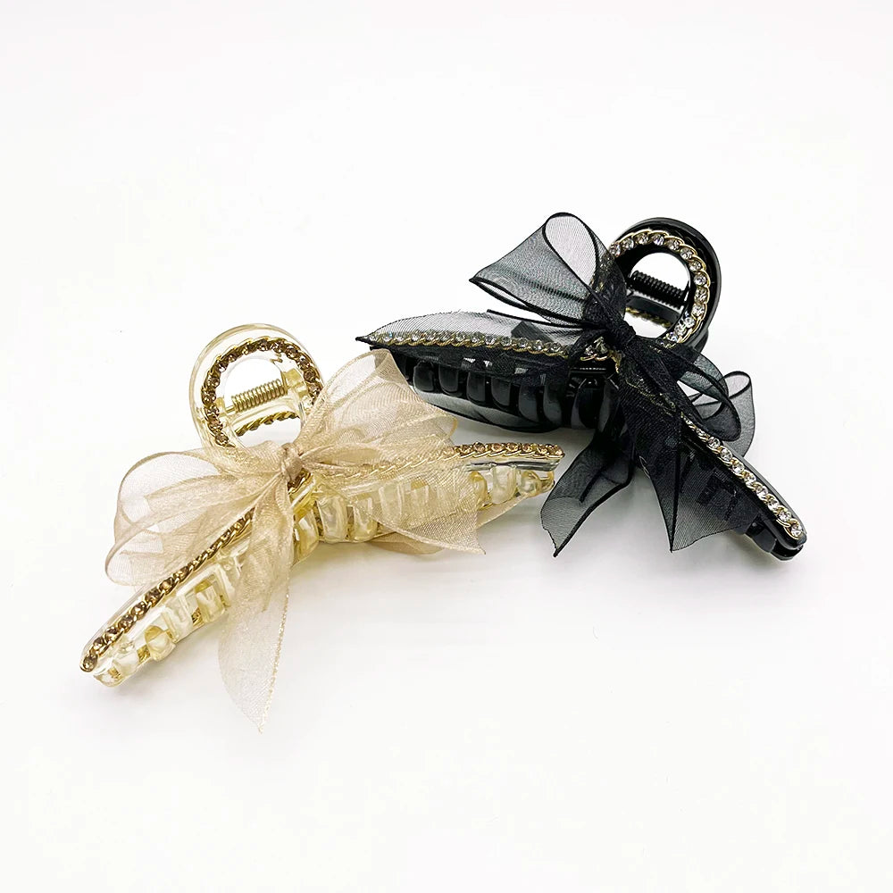 Korean Fabric Bow Hair Clip Claw Girls Chain Rhinestone Big Bling Shark Hair Clip Ladies Hollow Resin Hair Claw Clips