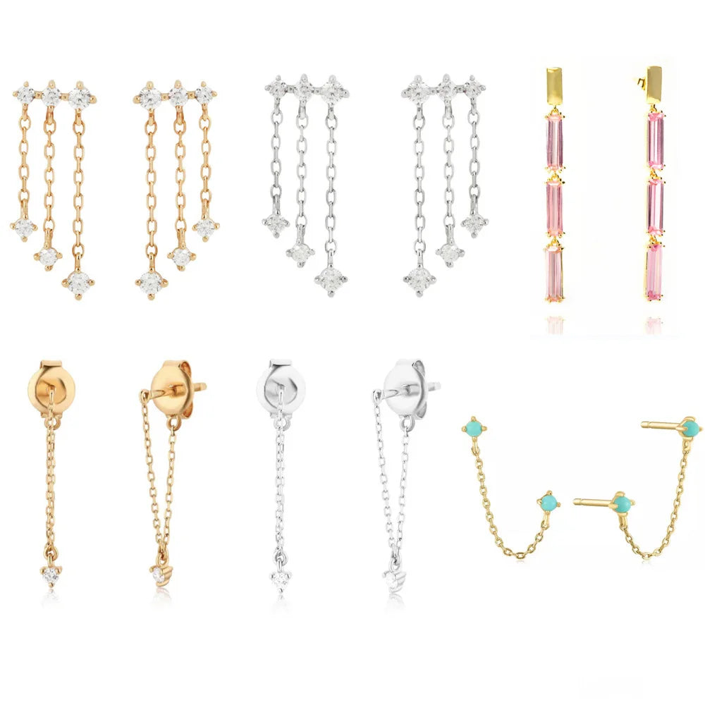 Unique 925 Sterling Silver Pink Square Zircon Tassel Earring Geometric Personalized Earring for Women Wholesale