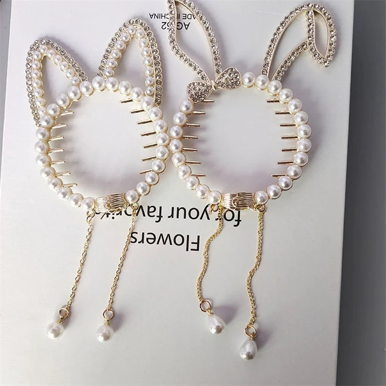 Rabbit Tassel Ponytail Barrette for Women Cute Hairpin on the Back of the Head Crystal Rhinestone Pearl Hair Clip